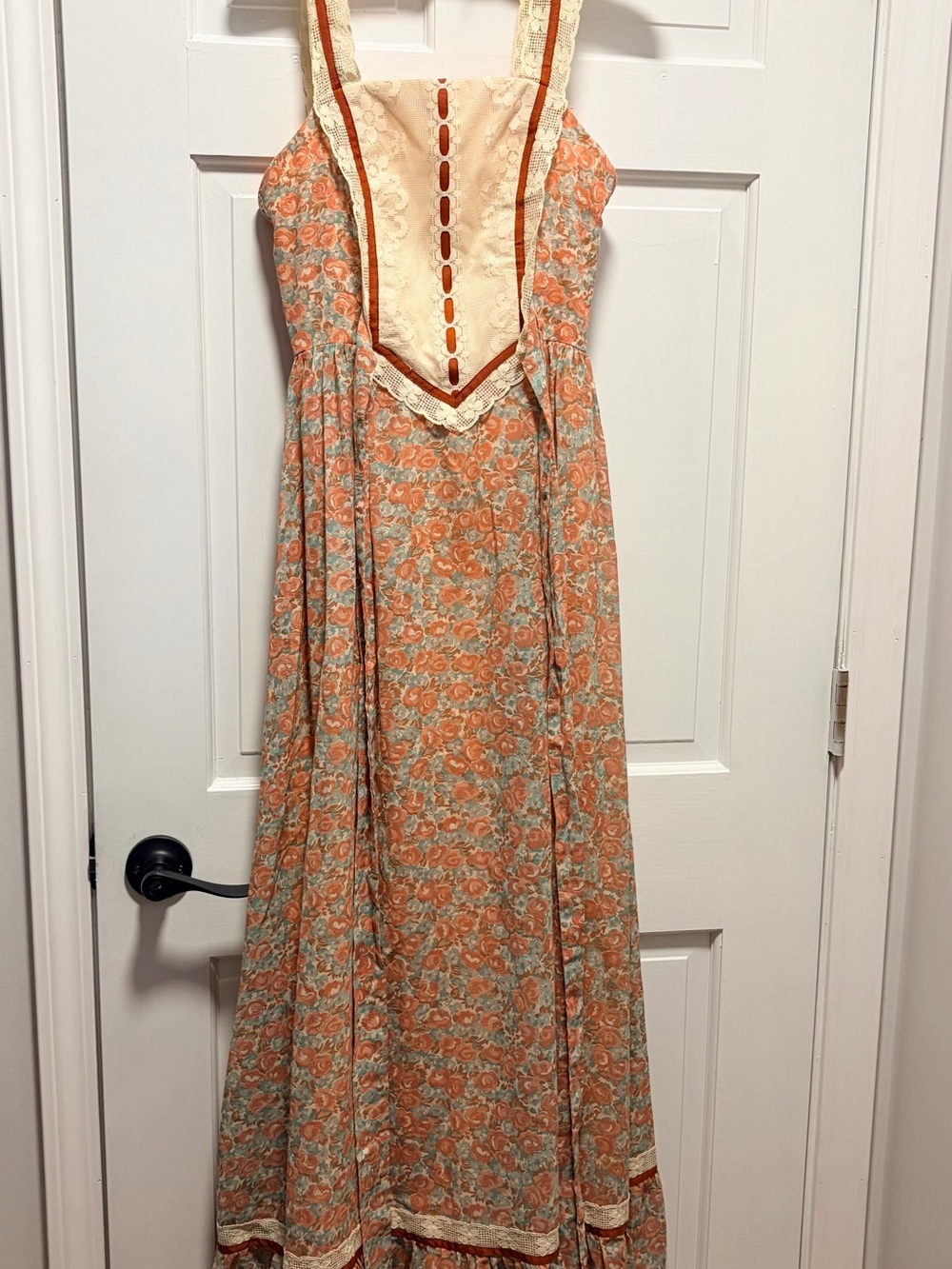 Vintage Candi Jones New York Peach Floral Cottagecore Maxi Dress Lace Bodice